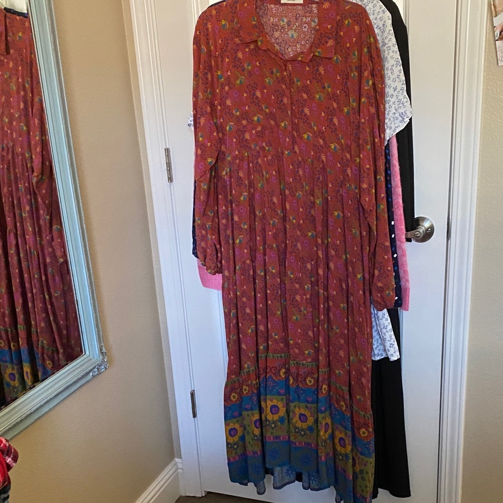 NATURAL LIFE Rust Red Floral Maxi Dress with Blue & Yellow Border
